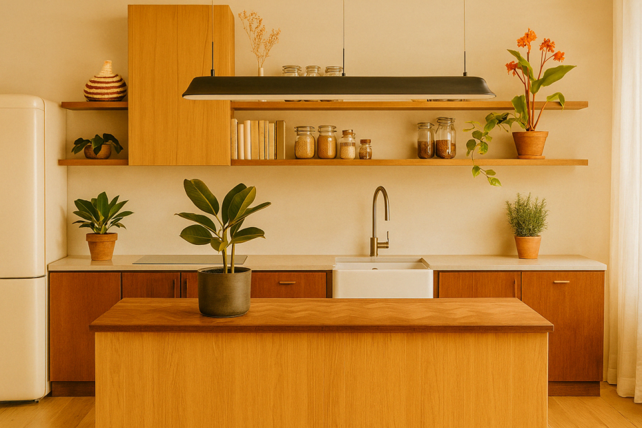 Warm, sunlit kitchen with mid-century modern design, featuring natural wood cabinets, a central island, open shelves with jars and books, and a variety of indoor plants.