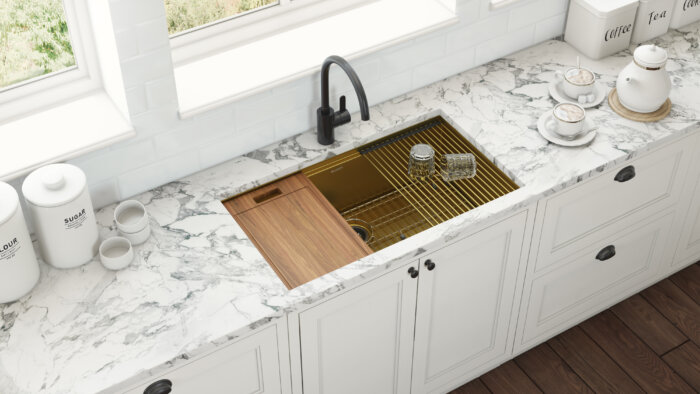 Brushed gold elevates the Giana sink from utility to luxury, pairing beautifully with warm-toned kitchens. Copyright: Ruvati