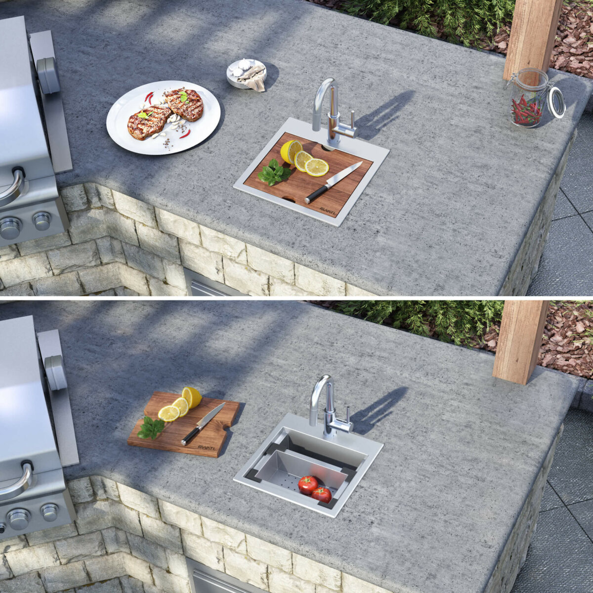 A small yet powerful outdoor sink setup from Ruvati’s Merino collection, perfect for prepping ingredients beside the grill. Copyright: Ruvati