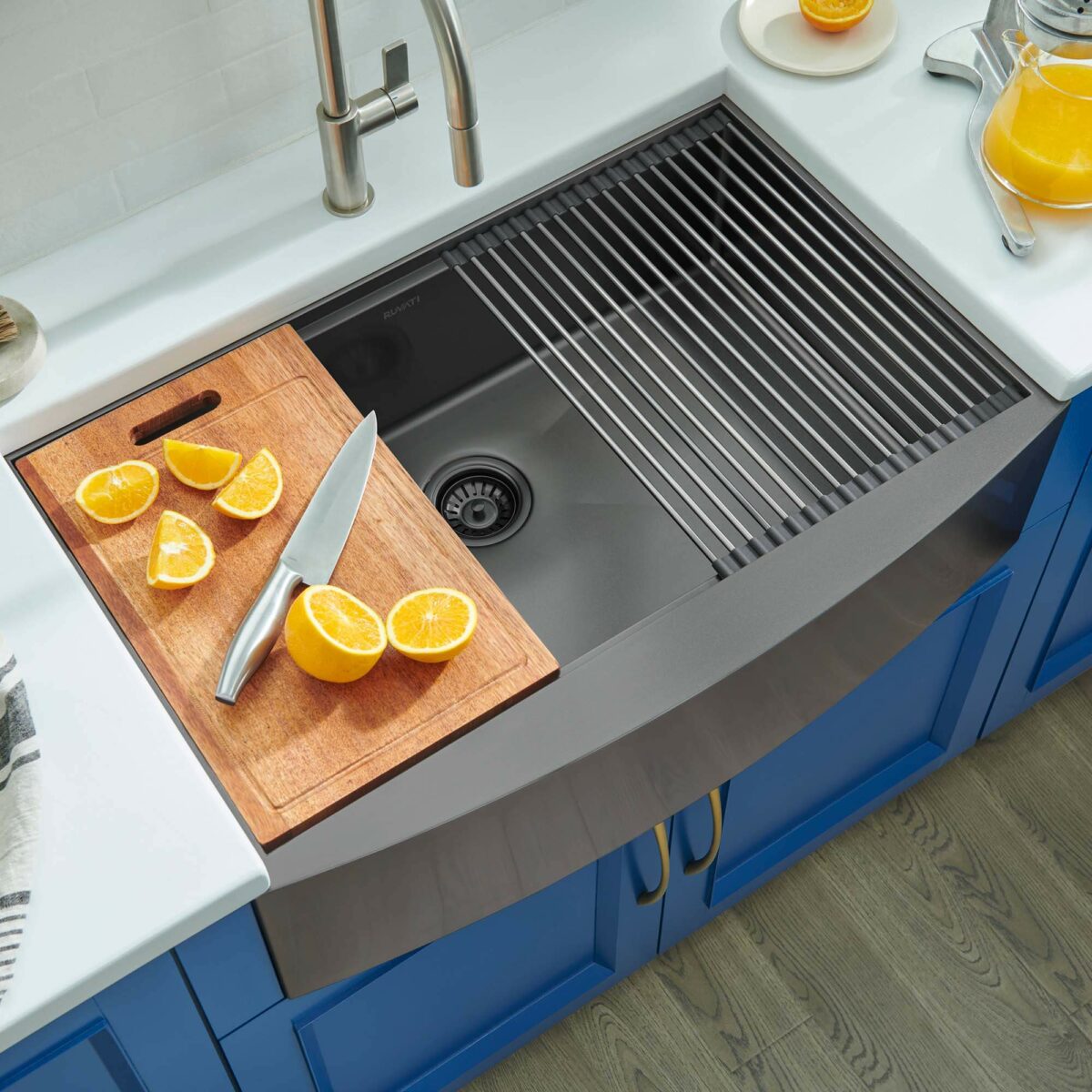 The Monaco collection proves that color and performance can coexist, shown here with citrus prep over a matte black basin. Copyright: Ruvati