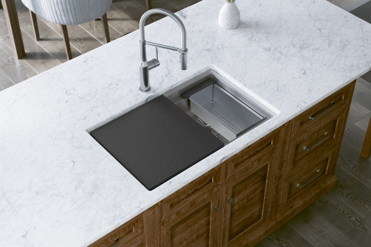 Compact black workstation sink