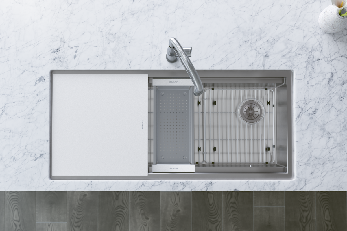 White Quartz Luxe sink with grid