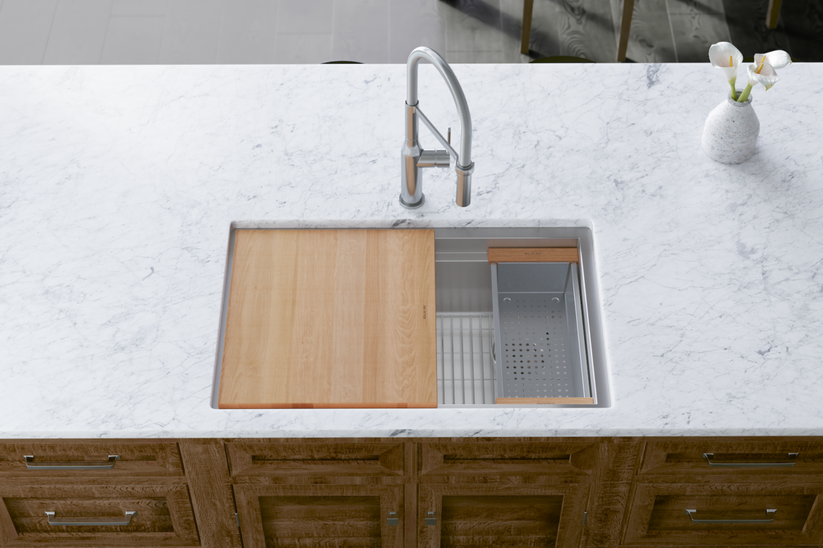 Elkay workstation sink with prep colander and board