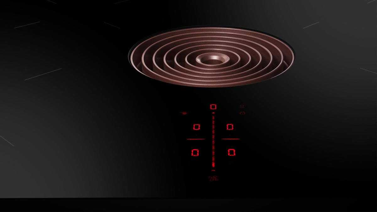 Close-up of BORA Pure cooktop with red LED display showing active child lock icon.