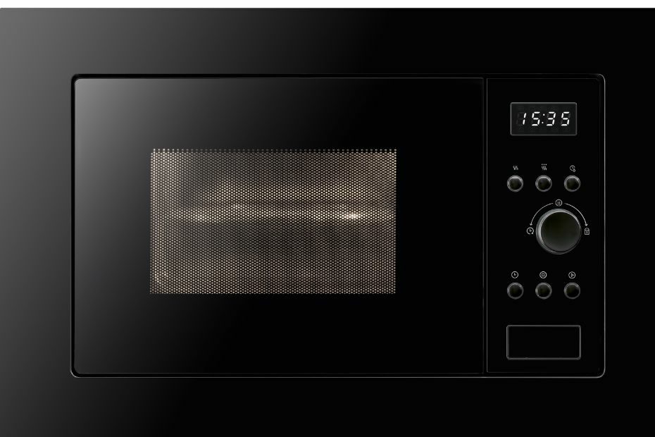 Built-in ORANIER microwave with grill function, shown in a modern kitchen cabinet.
