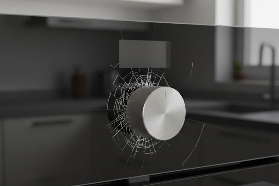 Frontansicht eines modernen Backofens mit einem deutlich sichtbaren Riss im Glas um den Drehregler in der Mitte der Bedienblende.