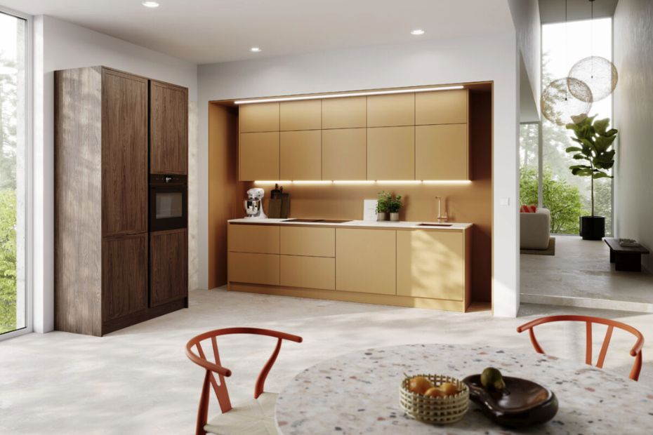 Modern Rotpunkt kitchen with matte gold cabinetry, tall wood units and minimalist design.