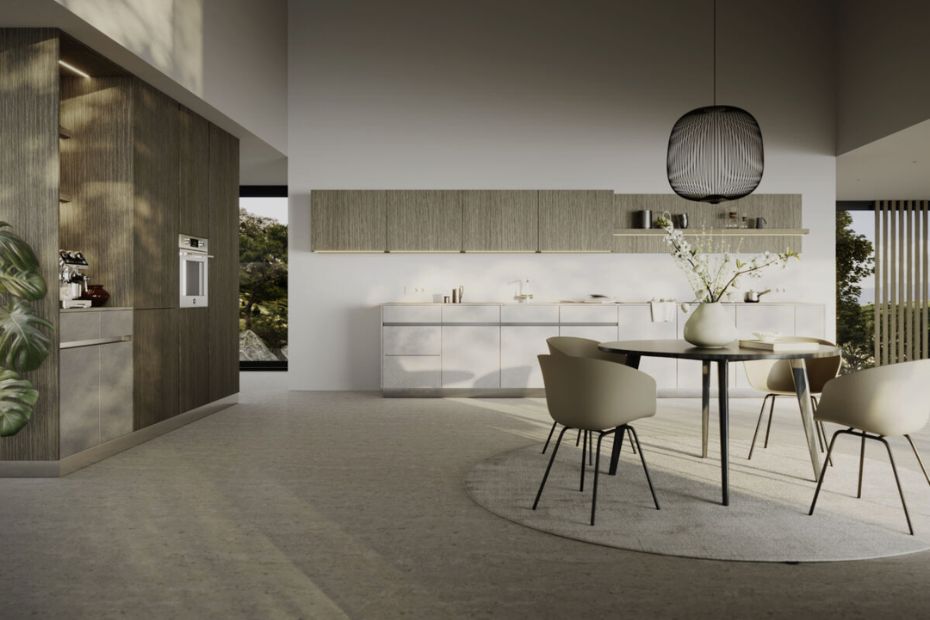 Light wood Rotpunkt kitchen with wall cabinets, neutral palette and a round dining table.