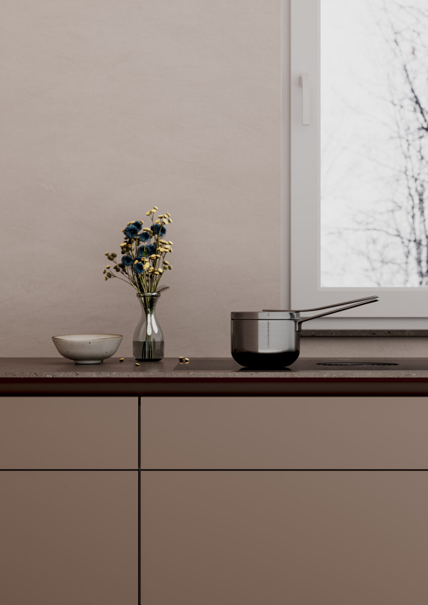 Modern kitchen with matte fango-colored cabinets, dark wood accents, and a dark countertop in a minimalist design