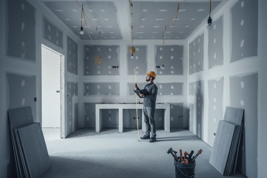 Contractor measuring ceiling height inside an unfinished kitchen space during renovation.