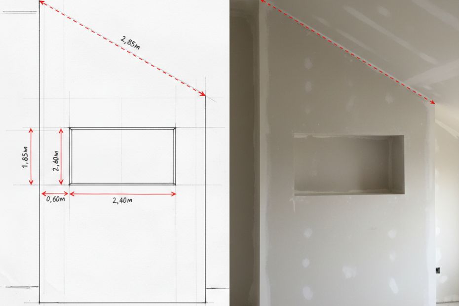 Drawing and photo showing measurements of a sloped ceiling and wall niche in a kitchen space.