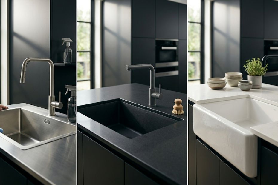 Collage von drei verschiedenen Küchenspülen: Links moderner Edelstahl, mittig schwarzer Quarzkomposit und rechts weiße Keramik.